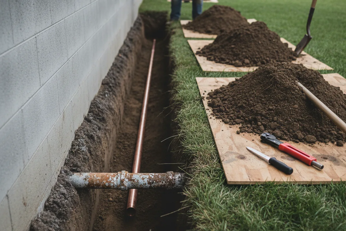 Excavated water line trench during Sewer Line Repair in Benson